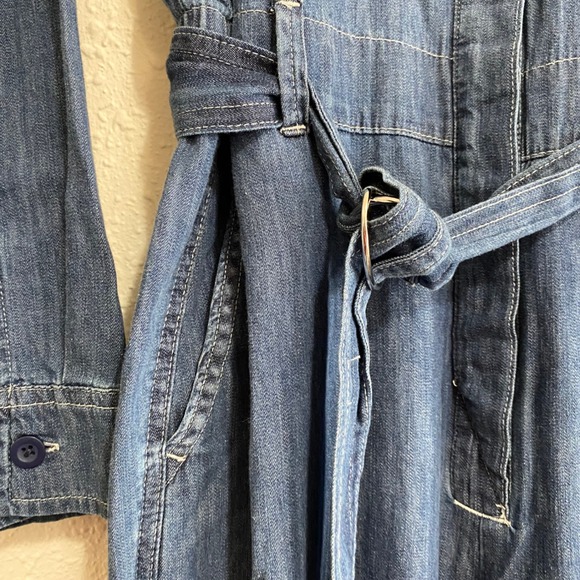 New women's S Utility Jumpsuit Denim Blue med wash Long Sleeve Belted Wide Leg - Picture 4 of 6